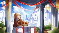 Rule 34 | 1girl, absurdres, architecture, arm on table, ascot, awmin, banner, basket, blonde hair, blue eyes, building, church, collared shirt, cross, day, elbow rest, flower, highres, long hair, original, outdoors, pavilion, plant, ponytail, ribbon, shirt, sitting, skirt, sky, smile, solo, table, very long hair