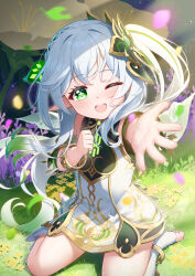Rule 34 | 1girl, bracelet, dress, genshin impact, gradient hair, green dress, green eyes, green hair, grey hair, highres, jewelry, kana ami, light, looking at viewer, multicolored hair, nahida (genshin impact), one eye closed, open mouth, outdoors, pointy ears, ponytail, reaching, reaching towards viewer, side ponytail, sidelocks, sitting, smile, solo, symbol-shaped pupils, wariza, white hair