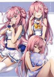 Rule 34 | 1girl, absurdres, anchor, anchor hair ornament, bare shoulders, blush, choker, closed eyes, closed mouth, garter straps, hair ornament, highres, long hair, midriff, multiple views, navel, hugging object, open mouth, original, parted lips, pillow, pillow hug, pink hair, purple eyes, riichu, scan, scrunchie, simple background, sitting, skirt, sleeveless, smile, stomach, thighhighs, white thighhighs, wrist scrunchie, zettai ryouiki