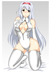 Rule 34 | 10s, 1girl, blush, boots, breasts, cleavage cutout, clothing cutout, elbow gloves, female focus, front zipper swimsuit, fuuki (misty wind), gloves, hairband, highres, kantai collection, kneeling, large breasts, long hair, md5 mismatch, meme attire, one-piece swimsuit, shoukaku (kancolle), silver hair, solo, swimsuit, thigh boots, thighhighs, white footwear, white gloves, white one-piece swimsuit, white thighhighs