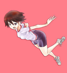 Rule 34 | 1girl, ankle socks, bike shorts, black shorts, brown eyes, brown hair, commentary, frown, girls und panzer, gym shirt, gym uniform, highres, isobe noriko, jumping, leaning forward, looking at viewer, nabeyu, open mouth, pink background, red socks, shirt, shoes, short hair, short shorts, short sleeves, shorts, simple background, sneakers, socks, solo, t-shirt, white footwear, white shirt