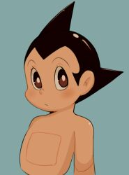 Rule 34 | 1boy, atom (tetsuwan atom), black hair, blue background, blush, bright pupils, brown eyes, closed mouth, cropped torso, dandi, eyelashes, looking at viewer, male focus, short hair, simple background, solo, spiked hair, tetsuwan atom, topless male, white pupils