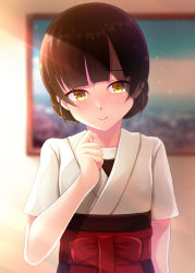 Rule 34 | 1girl, absurdres, black hair, blurry, blurry background, blush, closed mouth, dougi, drawing (object), hakama, highres, japanese clothes, kantai collection, looking at viewer, red hakama, ruin re birth, short hair, short sleeves, smile, solo, un&#039;you (kancolle), upper body, yawata maru (kancolle), yellow eyes
