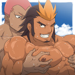 Rule 34 | 2boys, abs, bara, inazuma eleven (series), male focus, multicolored hair, multiple boys, muscular, nikism, outdoors, pectorals, topless male, tagme, yaoi