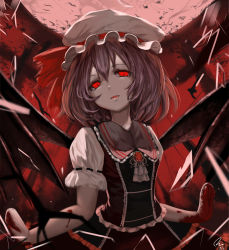 Rule 34 | 1girl, alternate costume, bad id, bad pixiv id, bat wings, blood, blood on hands, hat, hat ribbon, highres, looking at viewer, mob cap, open mouth, red eyes, remilia scarlet, ribbon, short hair, short sleeves, signature, solo, touhou, upper body, wings, yi (sad55566777)