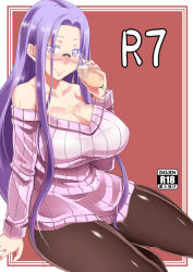 Rule 34 | 1girl, alternate costume, arm support, bare shoulders, bespectacled, black pantyhose, blush, breasts, cleavage, cover, cover page, curvy, dress, drunk, fate/stay night, fate (series), glass, glasses, huge breasts, long hair, looking at viewer, medusa (fate), medusa (rider) (fate), no pants, off shoulder, pantyhose, purple eyes, purple hair, ribbed sweater, see-through, simple background, solo, spilling, square pupils, sweater, sweater dress, thick thighs, thighs, very long hair, zanku