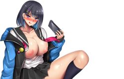 Rule 34 | 1girl, :d, badge, black hair, blue eyes, blue nails, blush, breasts, breasts out, cellphone, female focus, hair ornament, hairclip, huge breasts, large breasts, looking at viewer, mikan (5555), miniskirt, nail polish, nipples, open clothes, open mouth, panties, phone, school uniform, short hair, skirt, smartphone, smile, transparent background, underwear
