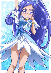 Rule 34 | 1girl, arm up, ass, blue background, blue bow, blue eyes, blue hair, blue skirt, blue theme, bow, bracelet, breasts, brooch, covered erect nipples, crystal earrings, cure diamond, curly hair, dokidoki! precure, earrings, hanzou, highres, hishikawa rikka, jewelry, legs, long hair, looking at viewer, magical girl, matching hair/eyes, nipples, open mouth, panties, ponytail, precure, skirt, smile, snowflakes, solo, thighs, underwear
