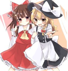 Rule 34 | &gt;:d, 2girls, :d, arm hug, ascot, bare shoulders, blush, borrowed clothes, bow, braid, brown hair, detached sleeves, expressionless, fang, hair bow, hair ornament, hair tubes, hakurei reimu, headwear switch, highres, implied yuri, kirisame marisa, large bow, long hair, multiple girls, open mouth, pointing, pointing at viewer, rbtt, red eyes, single braid, smile, star (symbol), star hair ornament, touhou, v-shaped eyebrows, wavy hair, yellow eyes