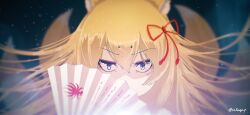 Rule 34 | 1girl, animal ear fluff, animal ears, artist name, blonde hair, commentary request, covered mouth, eyeliner, floating hair, folding fan, fox ears, fox girl, fox tail, green eyes, hair between eyes, hair ornament, hair ribbon, hand fan, highres, holding, holding fan, kitsune, long hair, looking at viewer, makeup, mon-musu quest!, monster girl, multiple tails, red eyeliner, red ribbon, ribbon, solo, straight-on, tail, tamamo (mon-musu quest!), to kage p, twitter username, upper body