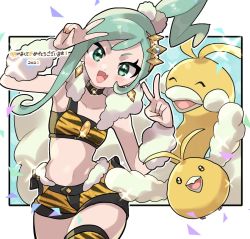 Rule 34 | 1girl, 2022, :d, altaria, alternate costume, animal print, arm warmers, black choker, blush, border, choker, collarbone, confetti, creatures (company), double v, earrings, eyelashes, fang, fu (tk1189227dhy), game freak, gen 3 pokemon, green eyes, green hair, hair ornament, hands up, happy, jewelry, lisia (pokemon), looking at viewer, midriff, nail polish, navel, nintendo, open mouth, pokemon, pokemon (creature), pokemon oras, shorts, single sidelock, single thighhigh, skin fang, smile, sparkle, swablu, thighhighs, tiger print, tongue, translation request, v, white border, yellow nails
