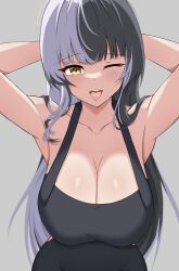 Rule 34 | 1girl, alternate costume, apron, armpits, arms up, black hair, breast focus, breasts, cleavage, collarbone, grey hair, highres, hololive, hololive english, large breasts, leaning forward, looking at viewer, multicolored hair, naked apron, one eye closed, piercing, self-upload, shiori novella, split-color hair, tongue, tongue out, tongue piercing, virtual youtuber, white hair, yellow eyes, zeropen