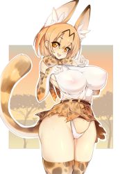 Rule 34 | 10s, 1girl, :3, animal ear fluff, animal ears, animal print, bad id, bad twitter id, bare shoulders, blonde hair, breasts, brown eyes, cat ears, cat tail, covered erect nipples, fang, highres, kemono friends, large breasts, looking at viewer, print legwear, see-through, serval (kemono friends), serval print, serval tail, short hair, slugbox, solo, tail, thick thighs, thighs, tiger print, tummy fold