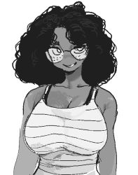 Rule 34 | 1girl, black hair, breasts, cleavage, dark-skinned female, dark skin, freckles, gigi (whoopsatro), glasses, greyscale, large breasts, long hair, monochrome, original, parted lips, simple background, smile, solo, striped tank top, tank top, upper body, white background, whoopsatro