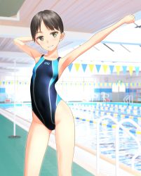 Rule 34 | 1girl, absurdres, black eyes, black hair, blue one-piece swimsuit, clothes writing, collarbone, commentary request, competition swimsuit, cowboy shot, flat chest, grin, highleg, highleg swimsuit, highres, huge filesize, looking at viewer, multicolored clothes, multicolored swimsuit, one-piece swimsuit, original, outstretched arm, pool, pool ladder, short hair, smile, solo, standing, string of flags, swimsuit, takafumi, tomboy