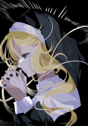 Rule 34 | 1girl, black nails, blonde hair, blue eyes, floating hair, from side, goma irasuto, habit, halo, highres, long hair, looking down, nail polish, no lineart, nun, original, own hands together, parted lips, solo, traditional nun, upper body