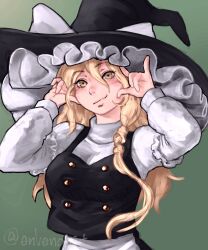 Rule 34 | 1girl, black hat, black vest, blonde hair, blush, bow, braid, breasts, buttons, closed mouth, commentary request, envenomist (gengoroumaru), green background, hair between eyes, hat, hat bow, highres, kirisame marisa, long bangs, long hair, long sleeves, looking at viewer, m/, medium breasts, one-hour drawing challenge, shirt, side braid, simple background, single braid, smile, solo, touhou, turtleneck, turtleneck shirt, twitter username, upper body, vest, white bow, white shirt, witch hat, yellow eyes