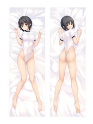 Rule 34 | 1girl, aoyama sumika, ass, barefoot, bed sheet, black hair, blush, breasts, brown eyes, closed mouth, coffee-kizoku, commentary request, covered navel, dakimakura (medium), full body, highleg, highres, leotard, looking at viewer, looking back, lying, medium breasts, multiple views, on back, on stomach, original, short hair, short sleeves, simple background, thighs, thong, thong leotard, toes, white leotard