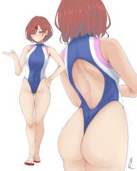 Rule 34 | 1girl, :o, absurdres, angle, ass, back cutout, backless swimsuit, bare legs, bare shoulders, berserkert, blush, clothing cutout, competition swimsuit, from behind, hand on own hip, hand up, highleg, highleg swimsuit, highres, higuchi madoka, idolmaster, idolmaster shiny colors, looking at viewer, mole, mole under eye, one-piece swimsuit, red hair, sandals, simple background, standing, swimsuit, white background
