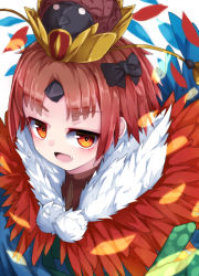 Rule 34 | 1girl, :d, benienma (fate), benienma (third ascension) (fate), black bow, blush, bow, brown hair, brown hat, commentary request, fang, fate/grand order, fate (series), feather trim, fur trim, hair bow, hat, looking at viewer, open mouth, parted bangs, petals, red eyes, smile, solo, uumaru, v-shaped eyebrows, white background