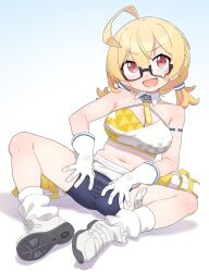 Rule 34 | 1girl, :d, ahoge, bare shoulders, bespectacled, black-framed eyewear, blonde hair, blue archive, blue background, breasts, cleavage, clothes lift, collarbone, glasses, gloves, gradient background, grey footwear, hair between eyes, highres, kotori (blue archive), kotori (cheer squad) (blue archive), looking at viewer, loose socks, low twintails, medium breasts, navel, open mouth, owasaki, pussy, red eyes, semi-rimless eyewear, shadow, shoe soles, shoes, short twintails, skirt, skirt lift, smile, socks, solo, spread legs, spread pussy, spread pussy under clothes, twintails, under-rim eyewear, v-shaped eyebrows, white background, white gloves, white skirt, white socks