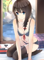 Rule 34 | 10s, 1girl, ahoge, arm support, black thighhighs, blue eyes, blush, bow, bra, braid, breasts, brown hair, cleavage, closed mouth, unworn clothes, collarbone, eyebrows, frilled bra, frills, gin00, hair bow, hair flaps, hair over shoulder, indoors, kantai collection, long hair, looking at viewer, md5 mismatch, medium breasts, navel, no shoes, panties, polearm, red bow, red ribbon, ribbon, seiza, shigure (kancolle), single braid, sitting, sketch, smile, solo, stomach, thighhighs, underwear, underwear only, water, weapon