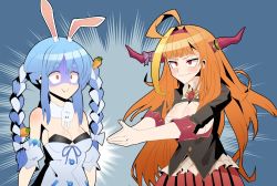Rule 34 | 2girls, ahoge, animal ears, blouse, blue hair, bow, braid, breasts, breath in boi (meme), carrot, cleavage cutout, clothing cutout, collared shirt, commentary, diagonal-striped bow, english commentary, food-themed hair ornament, gloom (expression), hair ornament, highres, hololive, horns, kiryu coco, kiryu coco (1st costume), large breasts, long hair, meme, multiple girls, niell sugata, orange eyes, orange hair, own hands together, rabbit ears, red eyes, shirt, small breasts, twin braids, usada pekora, usada pekora (1st costume), very long hair, virtual youtuber, white shirt