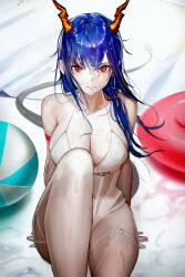 Rule 34 | 1girl, absurdres, arknights, armlet, ball, bare shoulders, beachball, bikini, blue hair, breasts, ch&#039;en (arknights), closed mouth, collarbone, dragon horns, dragon tail, ganet p, hair between eyes, highres, horns, knee up, large breasts, long hair, looking at viewer, o-ring, red eyes, solo, swimsuit, tail, thighs, white bikini