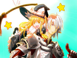 Rule 34 | 00s, 1boy, 1girl, armor, blonde hair, blush, broom, buront, crossover, dress, fifiruu, final fantasy, final fantasy xi, hat, heart, highres, kirisame marisa, long hair, open mouth, pointy ears, puffy short sleeves, puffy sleeves, short hair, short sleeves, silver hair, star (symbol), the iron of yin and yang, touhou, witch hat
