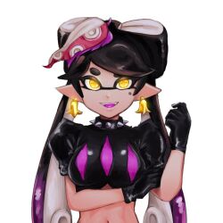 +_+ 1girl breasts callie_(splatoon) claupura earrings fang gloves jewelry large_breasts nintendo pointy_ears short_sleeves splatoon_(series) splatoon_2 teeth tentacle_hair twintails upper_body white_background yellow_eyes