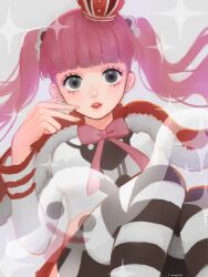 Rule 34 | 1girl, blunt bangs, capelet, commentary, crop top, crown, ghost, grey eyes, highres, looking at viewer, love1loooomy, mini crown, neck ribbon, one piece, pantyhose, perona, pink hair, pink ribbon, red capelet, ribbon, simple background, solo, sparkle, striped clothes, striped pantyhose, twintails