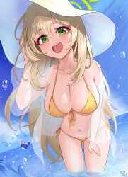 Rule 34 | 2girls, 82jhin, :d, absurdres, bare shoulders, bikini, blonde hair, blue archive, blue sky, breasts, cloud, commentary request, day, green eyes, hand up, hat, highres, large breasts, leaning forward, long hair, looking at viewer, multiple girls, navel, nonomi (blue archive), off shoulder, open clothes, open mouth, sky, smile, solo focus, stomach, sun hat, swimsuit, thighs, very long hair, wading, water, white headwear, yellow bikini