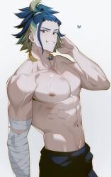 Rule 34 | abs, adaman (pokemon), arm wrap, bara, blonde hair, blue hair, chariko, creatures (company), earrings, eyebrow cut, game freak, heart, jewelry, male focus, mature male, muscular, muscular male, neck ring, nintendo, nipples, pectorals, pokemon, pokemon legends: arceus, scar, scar on arm, scar on chest, toned, toned male, topless male