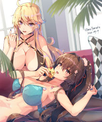 Rule 34 | 2girls, ahoge, alternate costume, artist name, ass, blonde hair, blue bra, blue eyes, blue nails, bra, breasts, brown eyes, brown hair, cherry blossoms, dark-skinned female, dark skin, dated, flower, grey hair, hair between eyes, hair flower, hair intakes, hair ornament, highres, himeyamato, holding hands, iowa (kancolle), kantai collection, large breasts, long hair, long sleeves, lying, multiple girls, nail polish, nude, on back, ponytail, red nails, shirt, sidelocks, standing, star-shaped pupils, star (symbol), symbol-shaped pupils, twintails, underwear, very long hair, white shirt, yamato (kancolle)