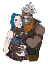 Rule 34 | 1boy, 1girl, alternate costume, arcane: league of legends, arcane jinx, arms behind back, bare shoulders, belt, black belt, black gloves, braid, brown belt, brown gloves, brown vest, clenched teeth, cloud tattoo, cropped torso, dark-skinned male, dark skin, dreadlocks, earrings, ekko (league of legends), facial mark, fang, fingerless gloves, firelight ekko, gloves, goggles, goggles on head, grin, hair ornament, hand on another&#039;s neck, hand on another&#039;s stomach, highres, jewelry, jinx (league of legends), league of legends, looking at viewer, monkey tattoo, mush820823, official alternate hairstyle, pouch, simple background, smile, teeth, upper body, vest