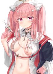 Rule 34 | 1girl, :p, azur lane, black choker, black jacket, blunt bangs, blush, breasts, breasts apart, choker, closed mouth, commentary request, cross hair ornament, hair ornament, hat, highres, hiyada yuu, holding, holding syringe, id card, jacket, jar, long hair, long sleeves, looking at viewer, medium breasts, navel, no bra, nurse cap, open clothes, open jacket, open shirt, pen, perseus (azur lane), perseus (unfamiliar duties) (azur lane), pink hair, purple eyes, shirt, sidelocks, simple background, smile, solo, stomach, syringe, tongue, tongue out, twintails, unbuttoned, unzipped, upper body, very long hair, white background, white shirt