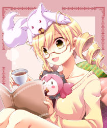 Rule 34 | 10s, 1girl, alternate costume, bespectacled, blonde hair, blush stickers, book, casual, charlotte (madoka magica), checkerboard cookie, collarbone, cookie, cup, drill hair, eating, food, glasses, kyubey, mahou shoujo madoka magica, mahou shoujo madoka magica (anime), mouth hold, object on head, open book, open mouth, pince-nez, reading, semi-rimless eyewear, shinolion, takitsume shino, teacup, tomoe mami, twin drills, twintails, under-rim eyewear, yellow eyes