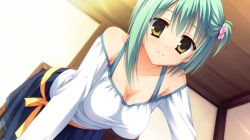 Rule 34 | 1girl, all fours, bare shoulders, bent over, breasts, cleavage, dutch angle, game cg, green hair, hair ornament, hanging breasts, highres, kobuichi, large breasts, looking at viewer, muririn, noble works, shirt, short hair, skirt, smile, solo, taut clothes, taut shirt, tsukiyama sena, yellow eyes