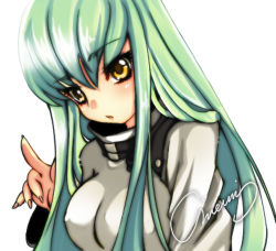 Rule 34 | 00s, 1girl, breasts, c.c., code geass, female focus, green hair, large breasts, long hair, lowres, meimi k, signature, solo, straitjacket, upper body, white background, yellow eyes