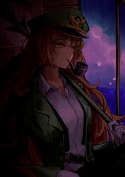 Rule 34 | 1girl, collared shirt, commentary, dress shirt, feng bang, gloves, green hat, green jacket, harpoon, hashtag-only commentary, hat, highres, holding, holding weapon, indoors, ishmael (project moon), jacket, lapels, limbus company, long hair, long sleeves, notched lapels, open clothes, open jacket, orange hair, peaked cap, project moon, shirt, sidelocks, smoking pipe, solo, very long hair, weapon, white gloves, white shirt, wing collar, yellow eyes