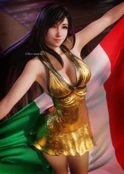 Rule 34 | 1girl, 3d, absurdres, alternate costume, bare arms, bare shoulders, black hair, breasts, cleavage, closed mouth, dress, earrings, eyelashes, female focus, final fantasy, final fantasy vii, final fantasy vii remake, highres, italian flag, italian senate porn livestream (meme), italian senate porn livestream (meme), jewelry, legs, long hair, looking at viewer, meme, red eyes, ria-neearts, smile, solo, square enix, standing, tifa lockhart, twitter username