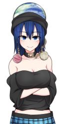Rule 34 | 1girl, bare shoulders, blue eyes, blue hair, breasts, chain, cleavage, collar, crossed arms, earth (ornament), hat, hecatia lapislazuli, hecatia lapislazuli (earth), highres, kuroba rapid, large breasts, long hair, looking at viewer, matching hair/eyes, moon (ornament), shirt, simple background, skirt, smile, solo, t-shirt, touhou, tsurime, white background