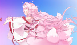 Rule 34 | 1girl, ahoge, animal ears, bare shoulders, blush, closed eyes, closed mouth, commentary request, fox ears, fox girl, fox tail, from side, gradient background, long hair, multiple tails, original, outstretched arms, pink hair, profile, ribbon-trimmed sleeves, ribbon trim, shaneru, solo focus, tail, very long hair, wide sleeves, wind