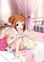 Rule 34 | 1girl, :d, absurdres, akai toshifumi, barefoot, bed, brown hair, feet, green eyes, hands on own knees, highres, idolmaster, idolmaster (classic), legs, looking at viewer, official art, on bed, open mouth, pajamas, pillow, scan, short hair, sitting, smile, soles, solo, takatsuki yayoi, toes