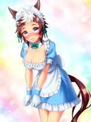 Rule 34 | 1girl, alternate costume, animal ears, apron, back bow, blue dress, blush, bow, breasts, cleavage, detached collar, dress, earrings, enmaided, frilled dress, frilled skirt, frills, gloves, green bow, grey eyes, highres, horse ears, horse girl, horse tail, jewelry, large breasts, looking at viewer, maid, maid apron, maid headdress, mejiro ryan (umamusume), multicolored background, multicolored hair, open mouth, skirt, solo, streaked hair, sugimotty nova, tail, umamusume, white gloves