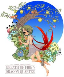 Rule 34 | anklet, barefoot, bracelet, breath of fire, breath of fire v, capcom, dress, facial mark, fairy (breath of fire), full-body tattoo, green hair, hota (29812), jewelry, monster, nina (breath of fire v), nude, panties, red wings, see-through, short hair, slime (creature), staff, tattoo, underwear, weapon, white dress, wings