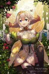 Rule 34 | 1girl, :d, animal, bare shoulders, black thighhighs, breasts, brown hair, bug, butterfly, butterfly wings, character request, cleavage, commentary, dragalia lost, dress, english commentary, fire emblem, fire emblem heroes, flag, flower, gradient hair, green dress, grey hair, hair between eyes, hair flower, hair ornament, hand up, hentaki, highres, insect, insect wings, knee up, medium breasts, multicolored hair, nintendo, open mouth, orange wings, peony (fire emblem), pointy ears, purple eyes, red flower, sitting, sleeveless, sleeveless dress, smile, thighhighs, watermark, web address, white flag, wings, wrist cuffs, yellow flower
