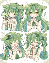 1girl :3 absurdres alternate_costume alternate_hairstyle blush bow buttons center_frills closed_eyes closed_mouth collared_shirt commentary_request creature_and_personification cropped_torso cup dot_nose flower_hairband frilled_hairband frilled_sleeves frills futaba969649 green_bow green_hair green_hairband green_ribbon green_suspenders hair_ornament hair_ribbon hair_up hairband hairclip half_updo hand_up hands_up heart highres holding holding_cup holding_saucer long_hair long_sleeves looking_at_viewer multiple_views one_eye_closed open_mouth own_hands_together personification ribbon ringlets saucer shirt sleeve_ribbon smile smug sparkle spill tea translation_request twintails voiceroid voicevox white_shirt yellow_eyes zundamon