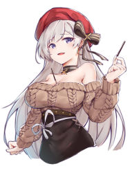 Rule 34 | 1girl, aran sweater, azur lane, belfast (azur lane), belfast (shopping with the head maid) (azur lane), beret, between breasts, black choker, black skirt, blue eyes, bow, breasts, brown sweater, cable knit, chinese commentary, choker, cleavage, commentary, cowboy shot, earrings, food, hair bow, hat, high-waist skirt, highres, holding, holding food, holding pocky, hoop earrings, jewelry, kafeifeifeifeifeifei jiemo jun, large breasts, long hair, looking at viewer, off-shoulder sweater, off shoulder, open mouth, pocky, red hat, silver hair, simple background, skirt, smile, solo, sweater, white background