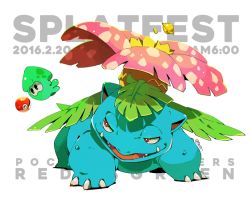 Rule 34 | announcement celebration, copyright name, creatures (company), game freak, gen 1 pokemon, inkling, inkling player character, nintendo, no humans, pokemon, pokemon (creature), splatoon (series), splatoon 1, tetori, venusaur, white background